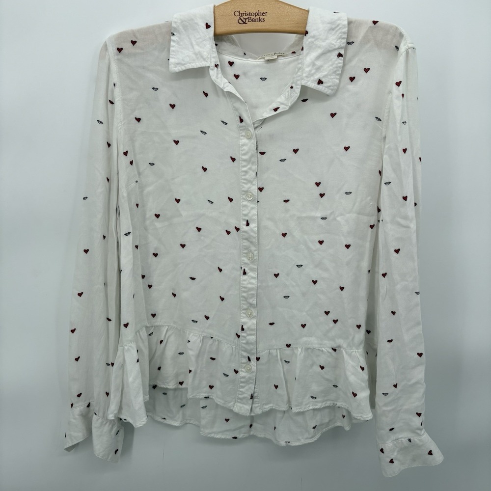 WHITE MAISON JULES RED LIPS & HEARTS RUFFLE PEPLUM BUTTON DOWN TOP SIZE LARGE‎